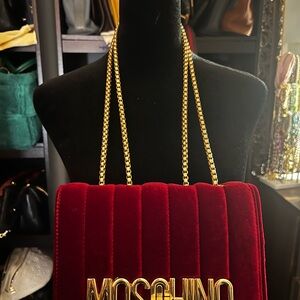 Moschino Inspired Burgundy Velvet Shoulder Bag with Gold Chain